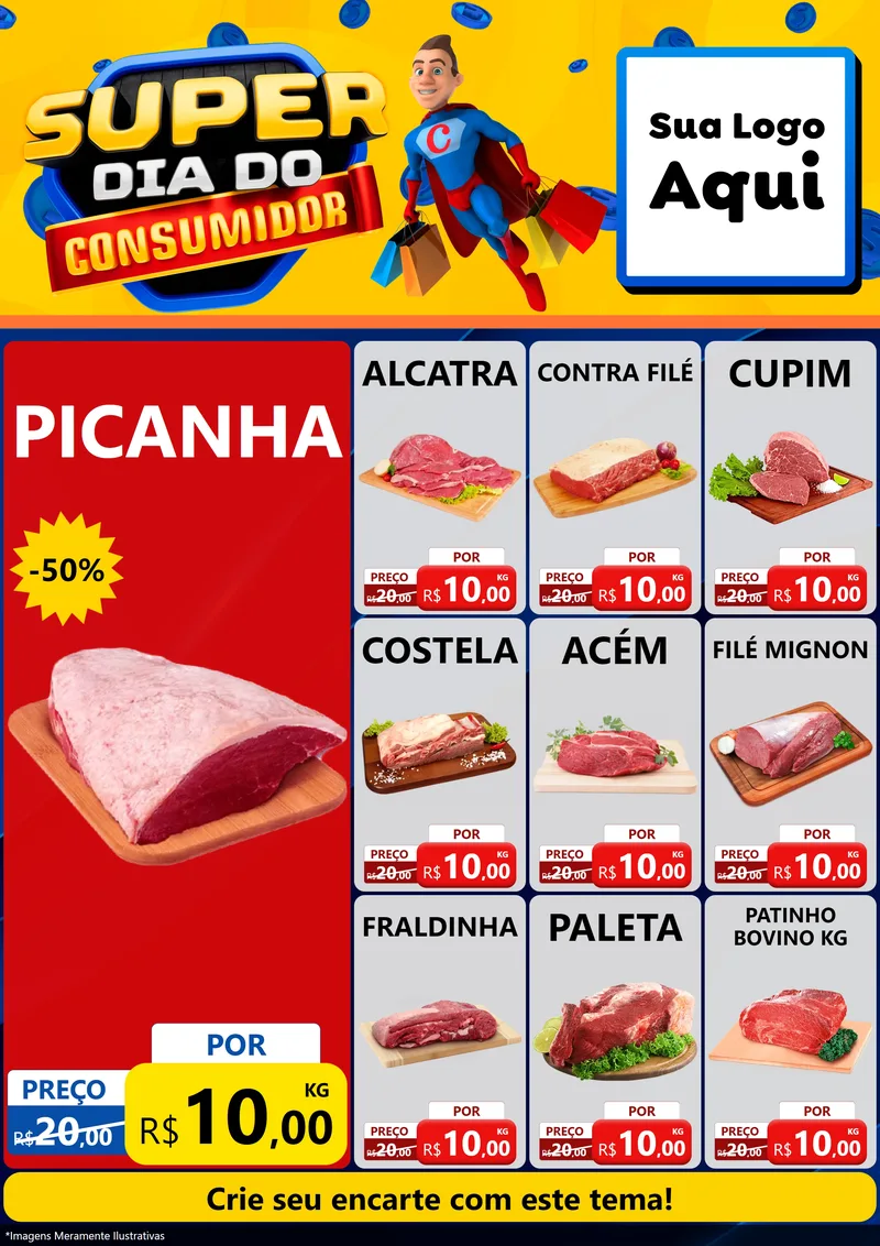 Modelo de Encarte para Encarte A4 Vertical com o tema Super Dia do Consumidor para Açougue