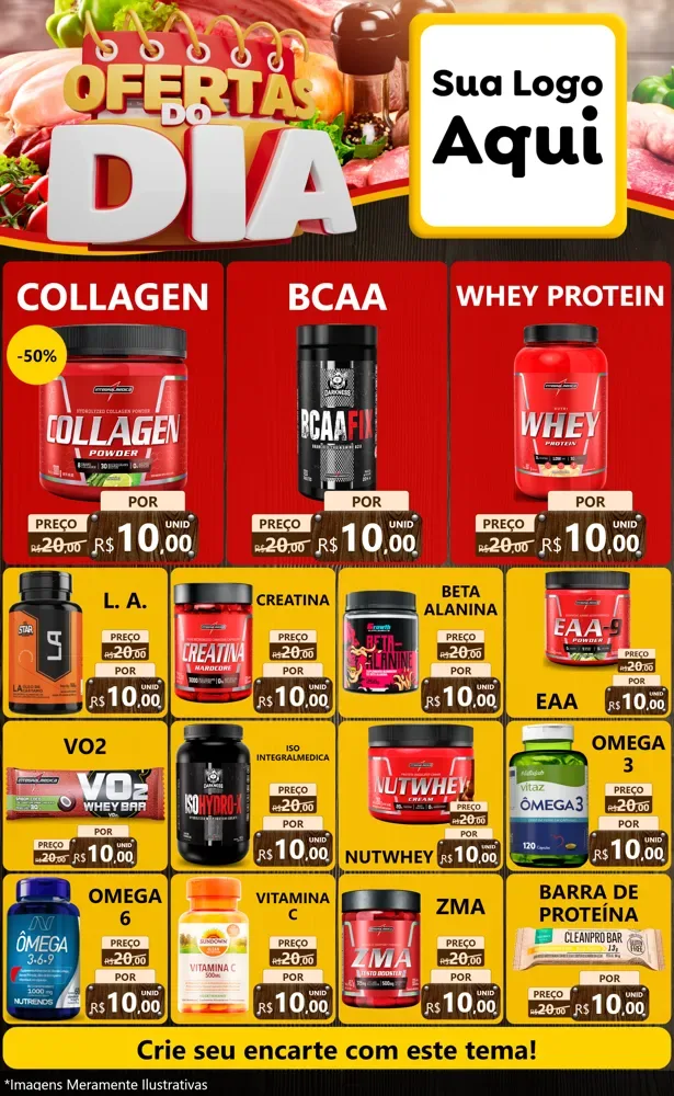 Modelo de Encarte para Encarte Grande com o tema Ofertas do Dia para Suplementos alimentares