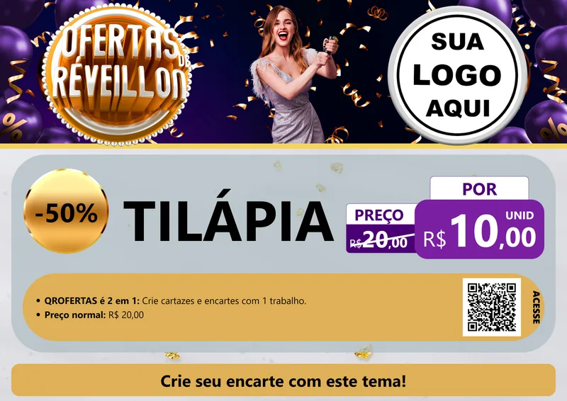 Modelo de Cartaz para Cartaz A4 Horizontal com o tema Ofertas de Réveillon para Peixaria