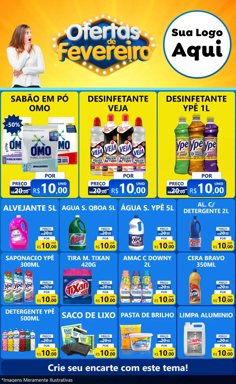 Modelo de Encarte para Encarte Grande com o tema Ofertas de Fevereiro para Produtos de Limpeza