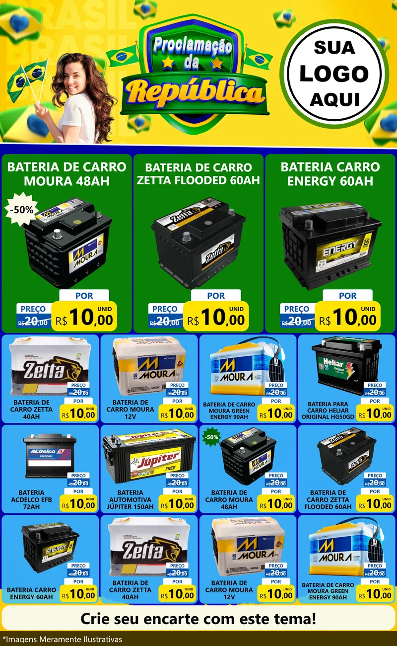 Modelo de Encarte para Encarte Grande com o tema Proclamação da República para Baterias Elétricas