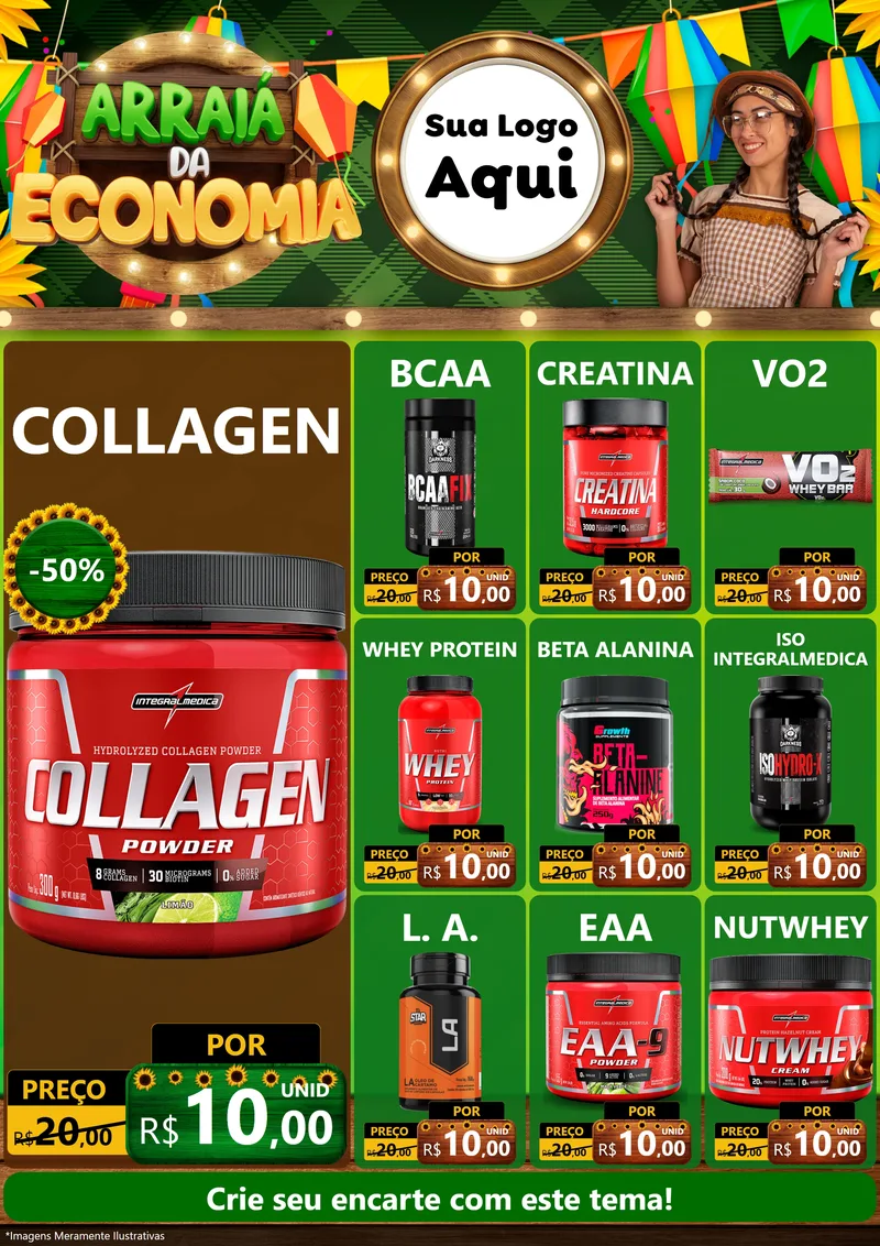 Modelo de Encarte para Encarte A4 Vertical com o tema Arraiá de Economia para Suplementos alimentares
