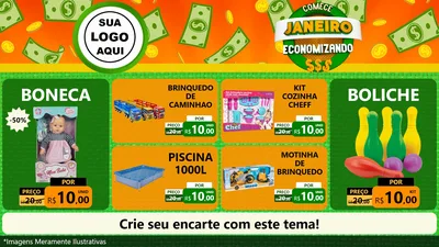 Modelo de TV para TV Horizontal com o tema Comece Janeiro Economizando para Brinquedos