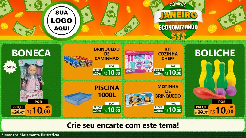 Modelo de TV para TV Horizontal com o tema Comece Janeiro Economizando para Brinquedos