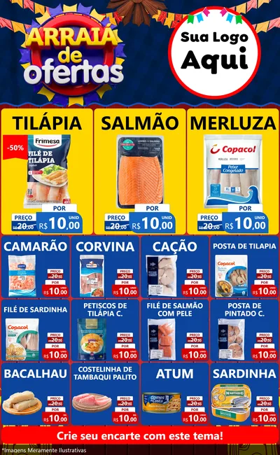 Modelo de Encarte para Encarte Grande com o tema Arraiá de Ofertas para Peixaria