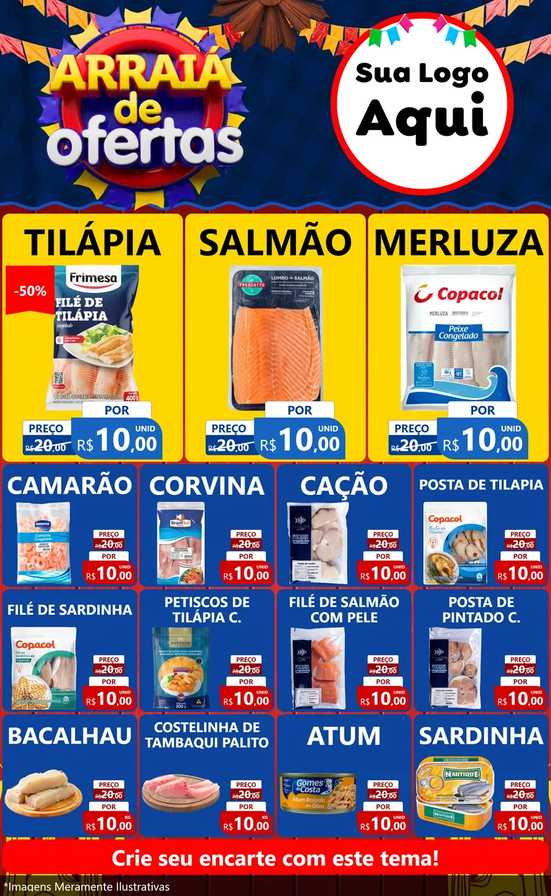 Modelo de Encarte para Encarte Grande com o tema Arraiá de Ofertas para Peixaria
