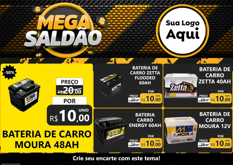 Modelo de Encarte para Encarte A4 Horizontal com o tema Mega Saldão para Baterias Elétricas