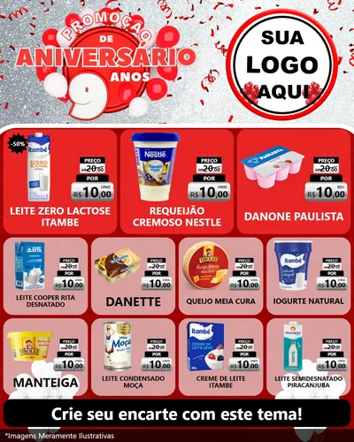 Modelo de Rede Social para Feed Instagram com o tema Promoção de Aniversário - 9 Anos para Frios e Laticínios