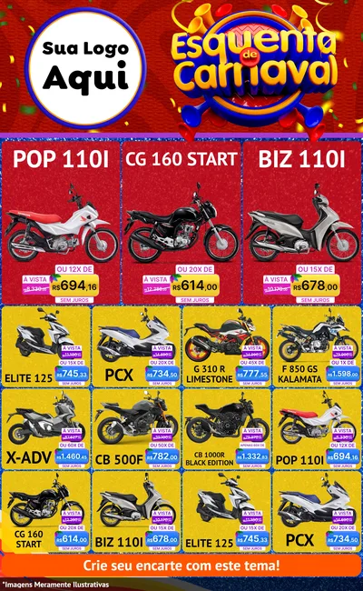 Modelo de Encarte para Encarte Grande com o tema Esquenta de Carnaval para Concessionaria de Motos
