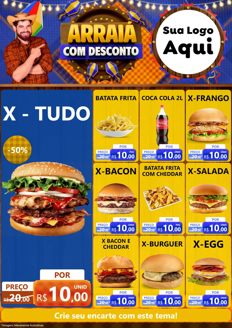 Modelo de Encarte para Encarte A4 Vertical com o tema Arraiá Com Desconto para Hamburgueria