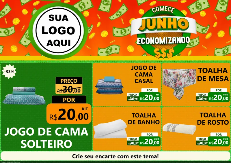 Modelo de Encarte para Encarte A4 Horizontal com o tema Comece Junho Economizando para Cama, Mesa e Banho