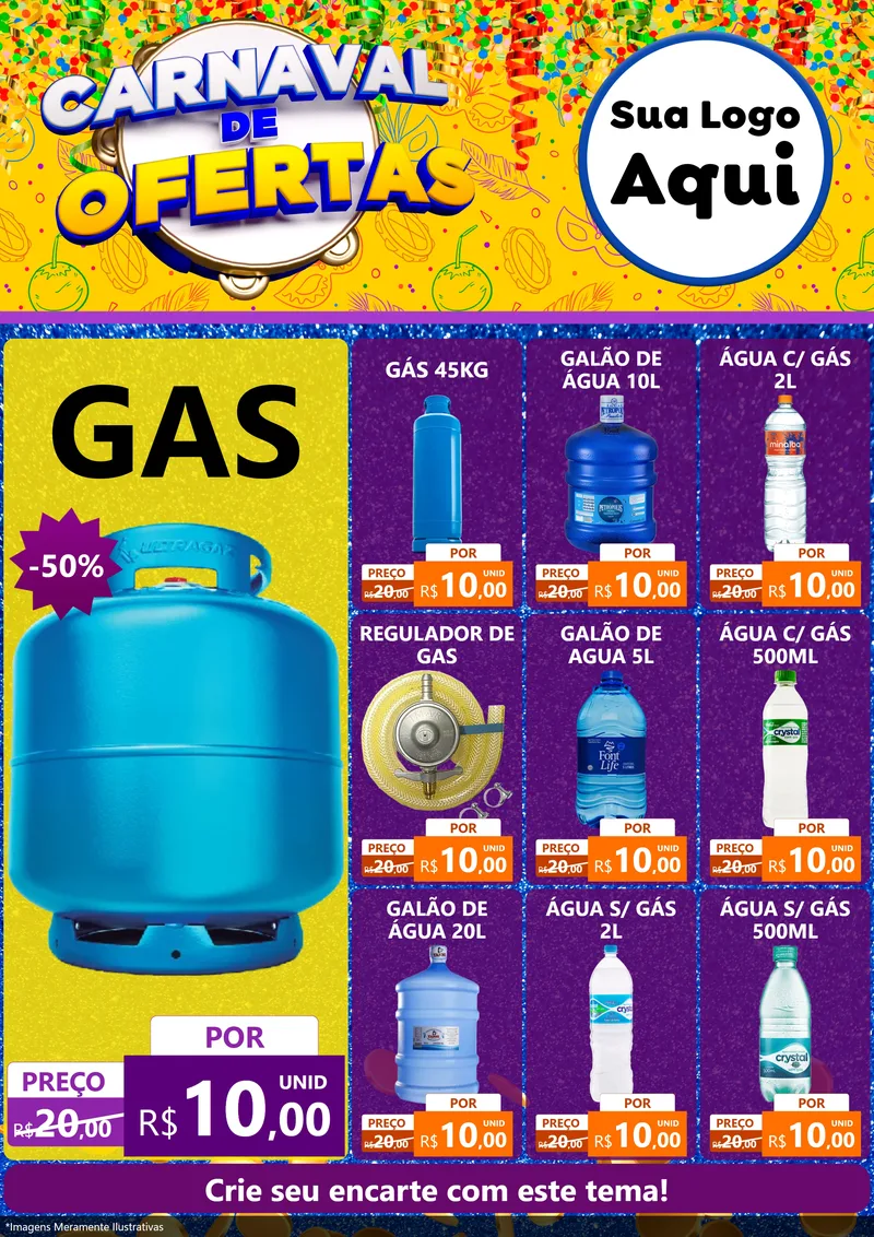Modelo de Encarte para Encarte A4 Vertical com o tema Carnaval de Ofertas para Água e gás