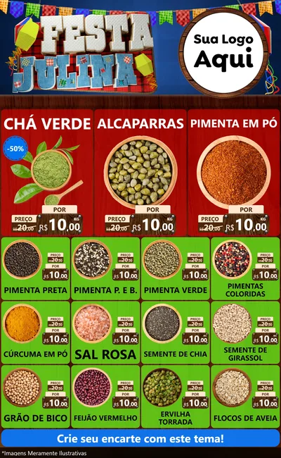 Modelo de Encarte para Encarte Grande com o tema Festa Julina para Produtos Naturais