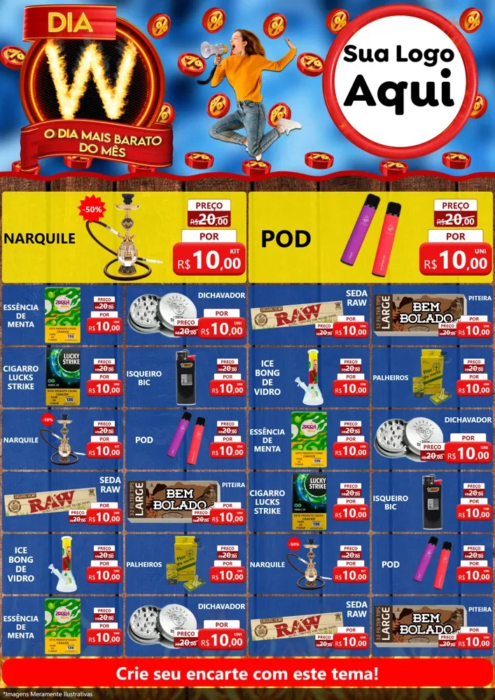 Modelo de Encarte para Encarte A4 Vertical com o tema Dia W - O Dia Mais Barato Do Mês para Tabacaria
