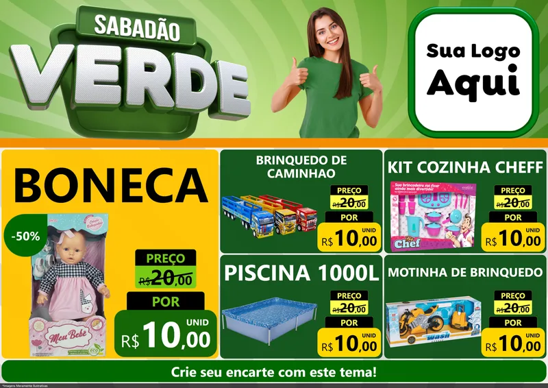 Modelo de Encarte para Encarte A4 Horizontal com o tema Sabadão Verde para Brinquedos