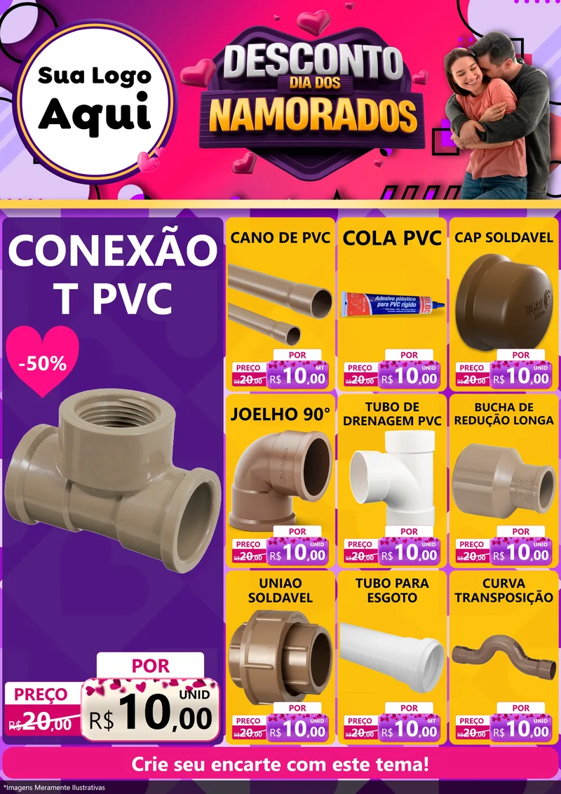 Modelo de Encarte para Encarte A4 Vertical com o tema Desconto Dia dos Namorados para Tubos e conexões