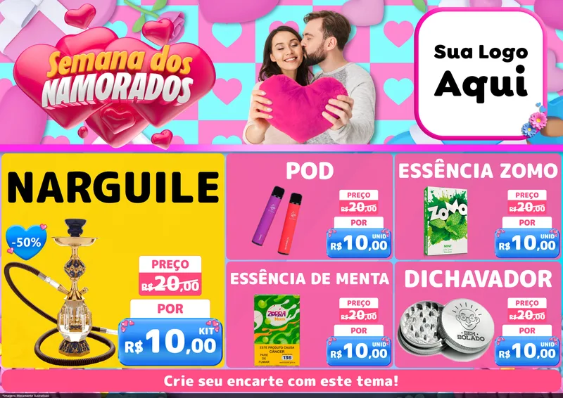 Modelo de Encarte para Encarte A4 Horizontal com o tema Semana dos Namorados para Tabacaria