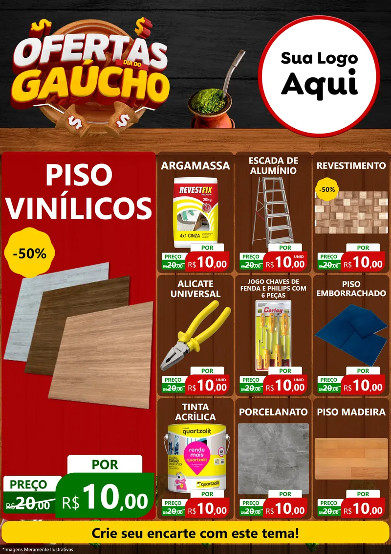 Modelo de Encarte para Encarte A4 Vertical com o tema Ofertas Dia do Gaúcho para Material para Construção