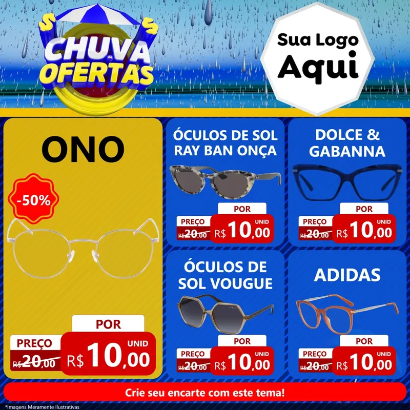 Modelo de Rede Social para Feed Facebook com o tema Chuva de Ofertas para Óticas