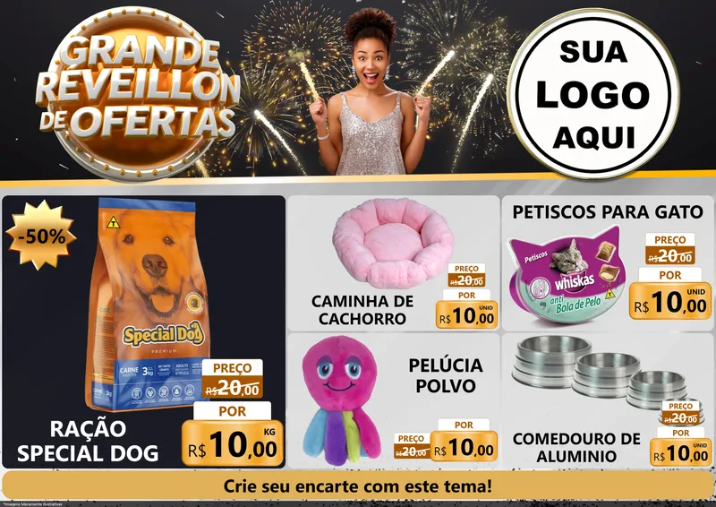 Modelo de Encarte para Encarte A4 Horizontal com o tema Grande Réveillon de Ofertas para Pet Shop