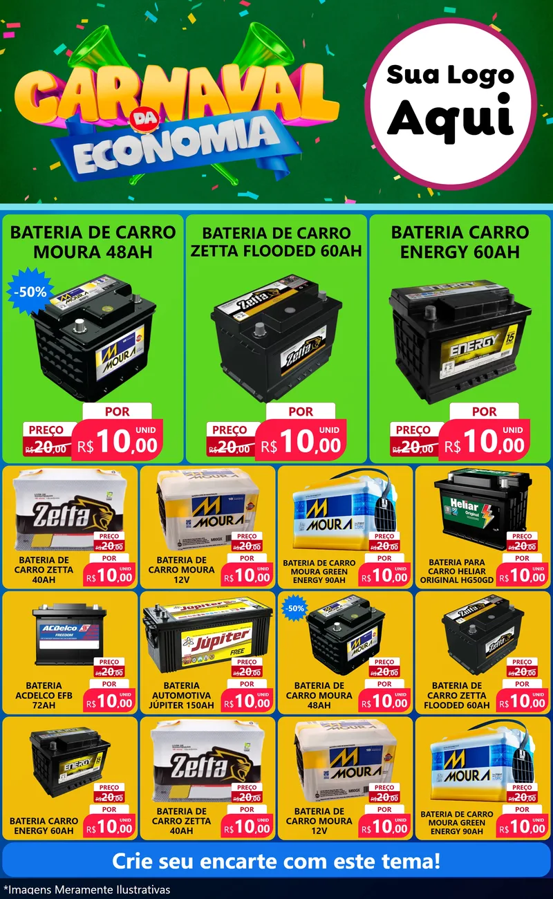 Modelo de Encarte para Encarte Grande com o tema Carnaval da Economia para Baterias Elétricas
