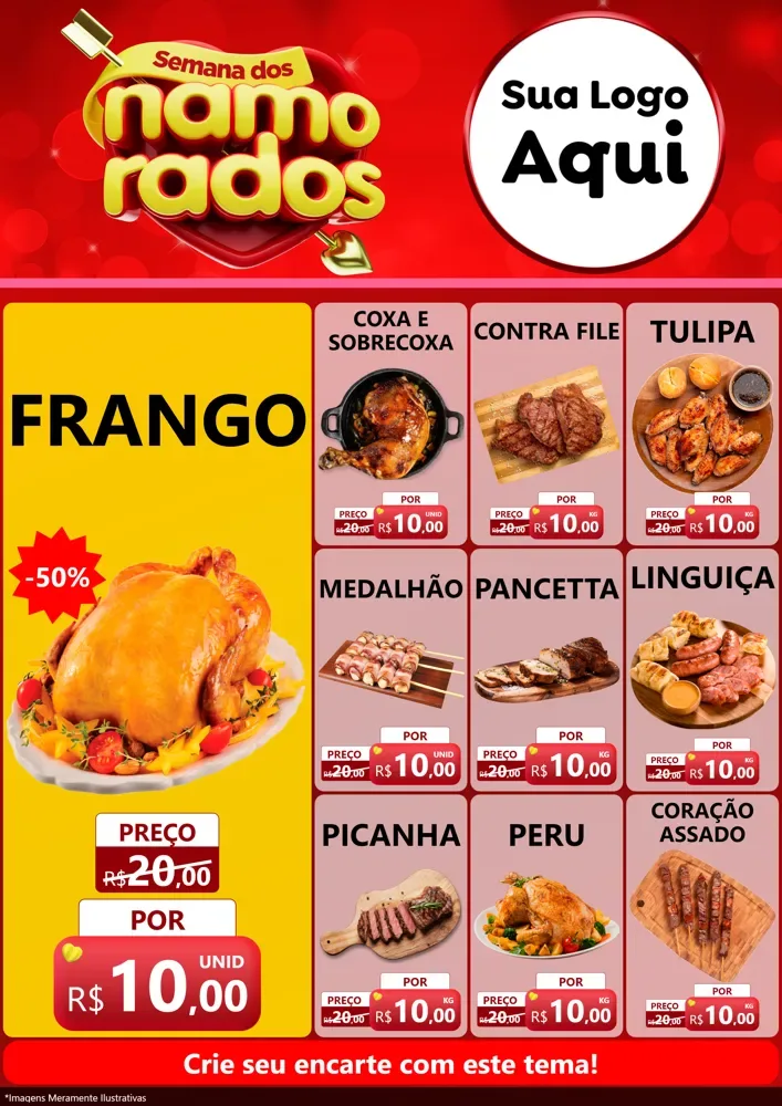 Modelo de Encarte para Encarte A4 Vertical com o tema Semana dos namorados para Assados