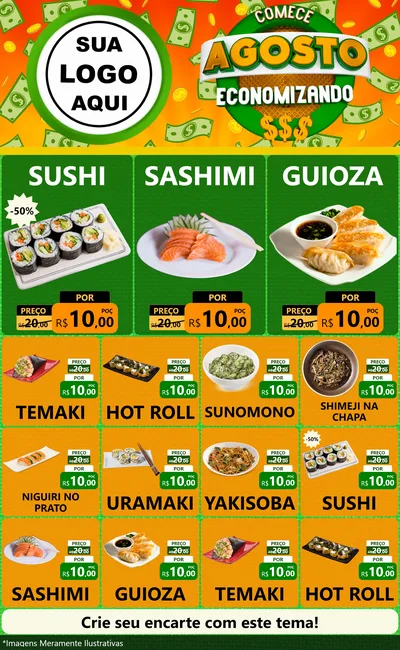 Modelo de Encarte para Encarte Grande com o tema Comece Agosto Economizando para Comida japonesa