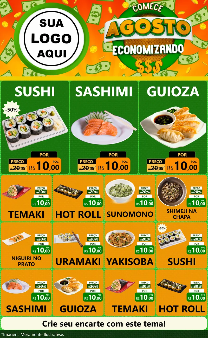 Modelo de Encarte para Encarte Grande com o tema Comece Agosto Economizando para Comida japonesa