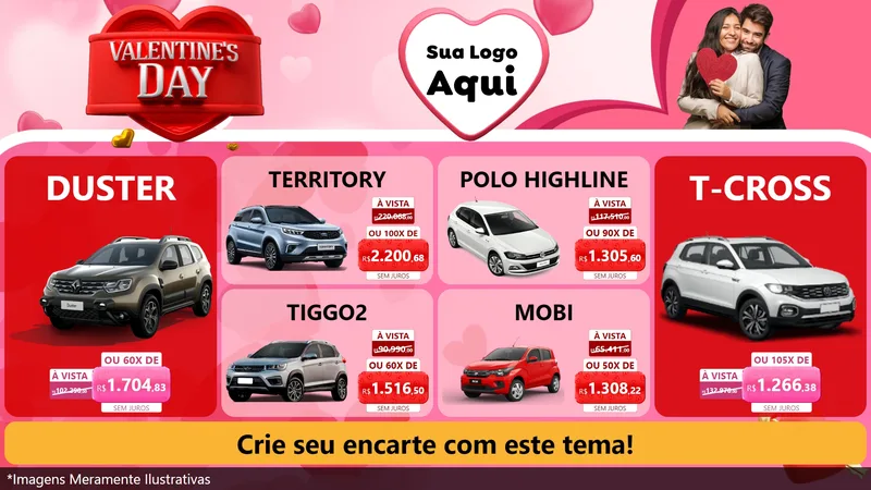 Modelo de TV para TV Horizontal com o tema Valentine's Day para Concessionaria de Carros