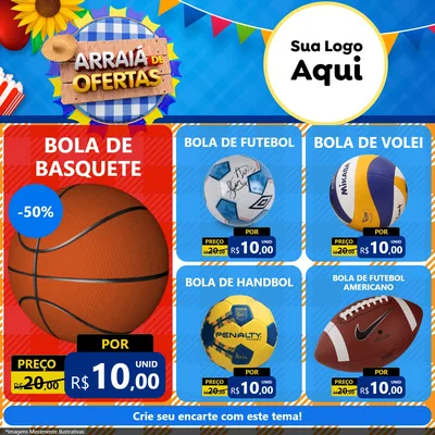 Modelo de Rede Social para Feed Facebook com o tema Arraiá de Ofertas para Artigos Esportivos
