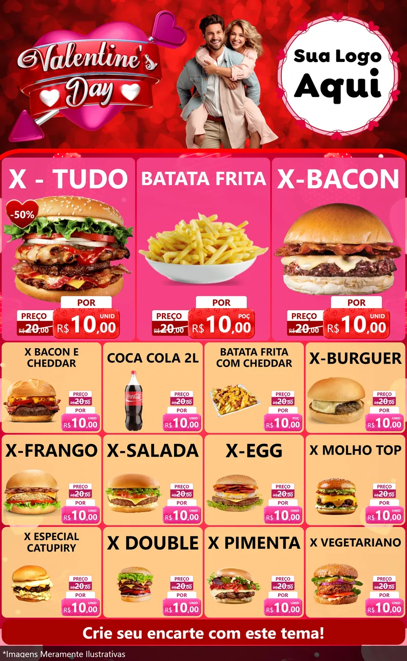 Modelo de Encarte para Encarte Grande com o tema Valentine's Day para Hamburgueria