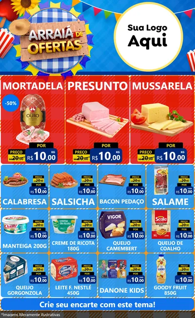 Modelo de Encarte para Encarte Grande com o tema Arraiá de Ofertas para Frios e Laticínios