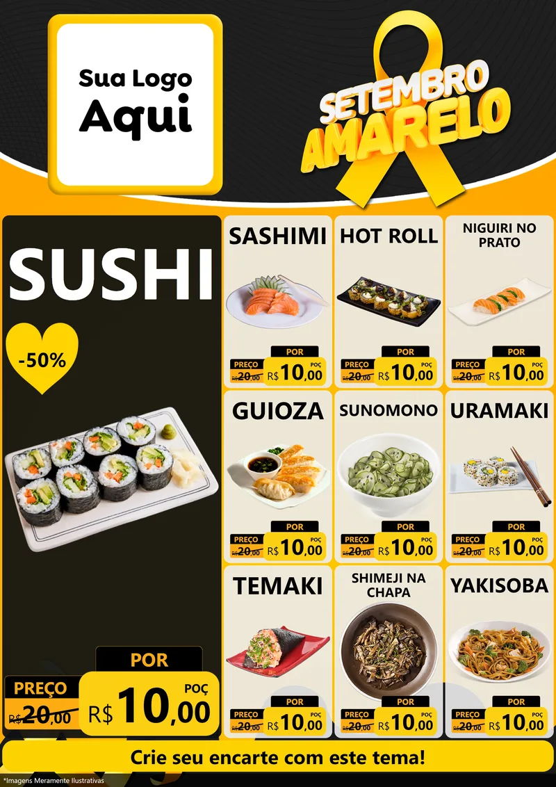 Modelo de Encarte para Encarte A4 Vertical com o tema Setembro Amarelo para Comida japonesa