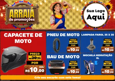 Modelo de Encarte para Encarte A4 Horizontal com o tema Arraiá de Promoções para Moto peças