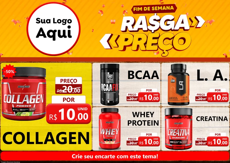 Modelo de Encarte para Encarte A4 Horizontal com o tema Fim de Semana Rasga Preços para Suplementos alimentares