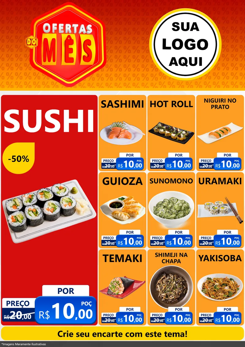Modelo de Encarte para Encarte A4 Vertical com o tema Ofertas do Mês para Comida japonesa
