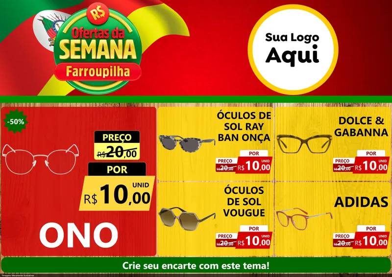 Modelo de Encarte para Encarte A4 Horizontal com o tema Ofertas da Semana Farroupilha para Óticas