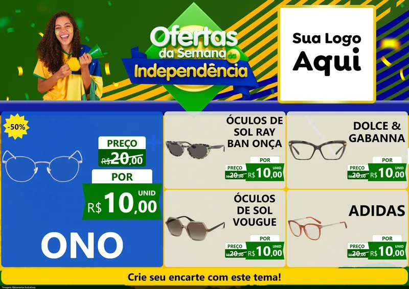 Modelo de Encarte para Encarte A4 Horizontal com o tema Ofertas da Semana da Independência para Óticas