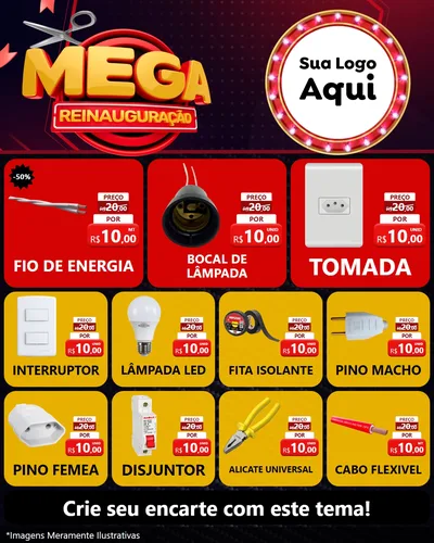 Modelo de Rede Social para Feed Instagram com o tema Mega Reinauguração para Materiais Elétricos
