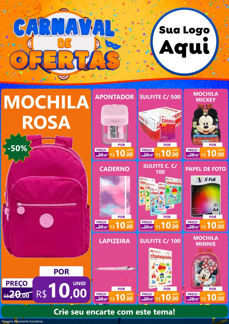 Modelo de Encarte para Encarte A4 Vertical com o tema Carnaval de Ofertas para Papelaria
