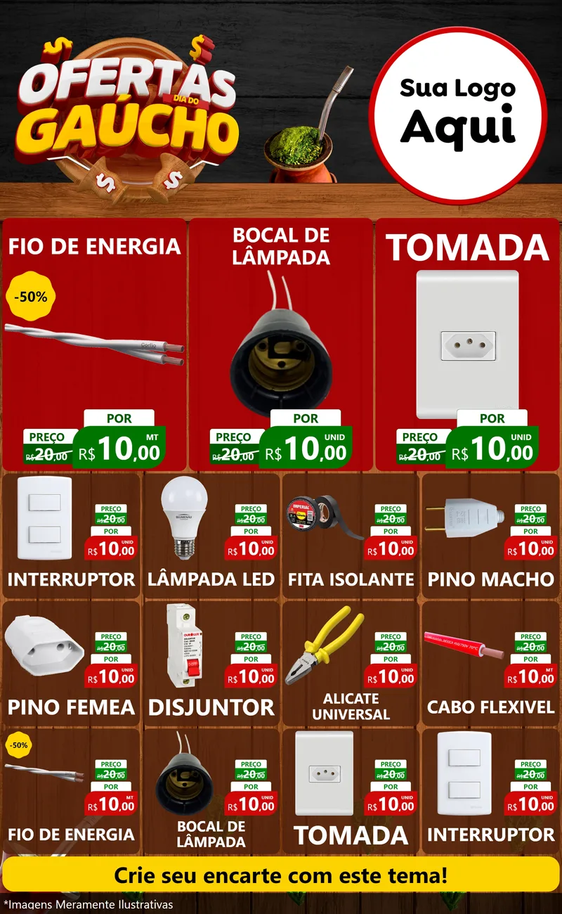 Modelo de Encarte para Encarte Grande com o tema Ofertas Dia do Gaúcho para Materiais Elétricos