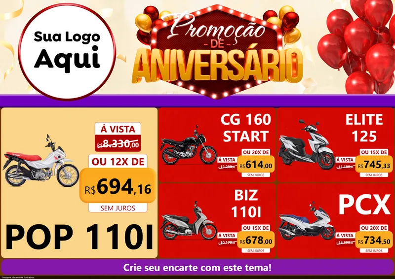 Modelo de Encarte para Encarte A4 Horizontal com o tema Promoção de Aniversário para Concessionaria de Motos