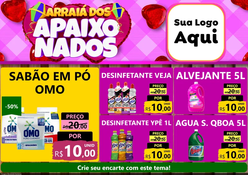 Modelo de Encarte para Encarte A4 Horizontal com o tema Arraiá dos Apaixonados para Produtos de Limpeza