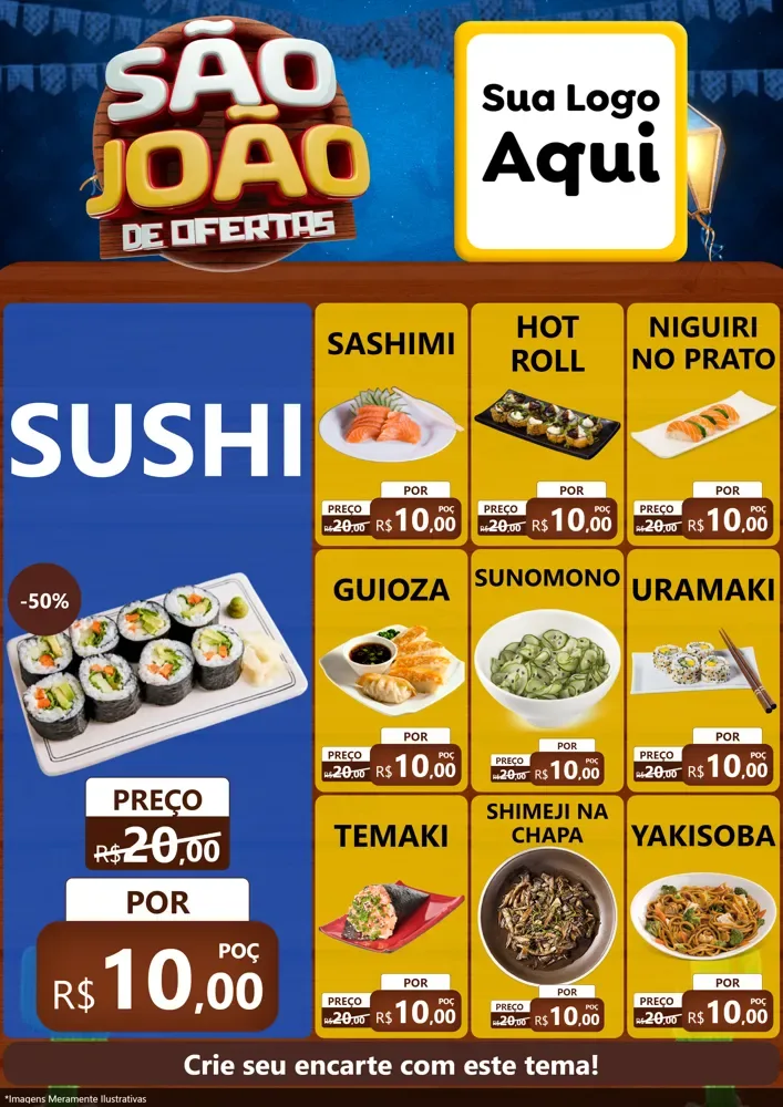 Modelo de Encarte para Encarte A4 Vertical com o tema São João Ofertas Imbatíveis! - Junina para Comida japonesa