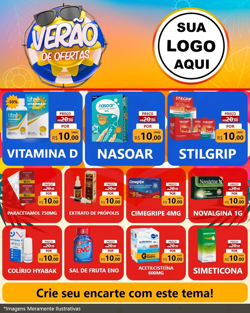 Modelo de Rede Social para Feed Instagram com o tema Verão de Ofertas para Farmácia