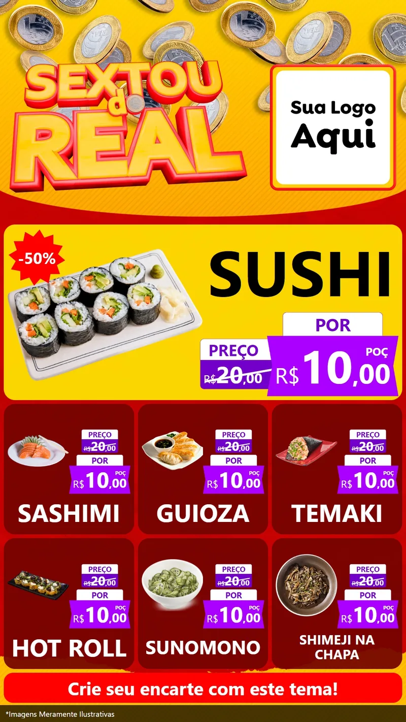 Modelo de Rede Social para Stories com o tema Sextou do Real para Comida japonesa