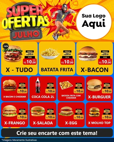 Modelo de Rede Social para Feed Instagram com o tema Super Ofertas Julho para Hamburgueria