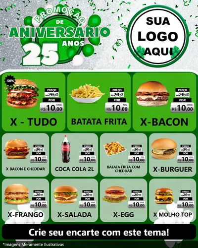 Modelo de Rede Social para Feed Instagram com o tema Promoção de Aniversário - 25 Anos para Hamburgueria