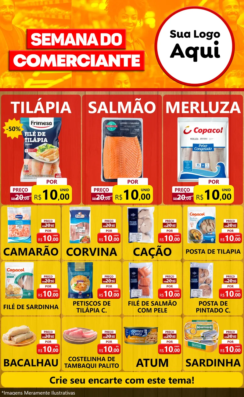 Modelo de Encarte para Encarte Grande com o tema Semana do Comerciante para Peixaria