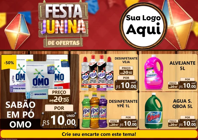 Modelo de Encarte para Encarte A4 Horizontal com o tema Festa Junina de Ofertas para Produtos de Limpeza